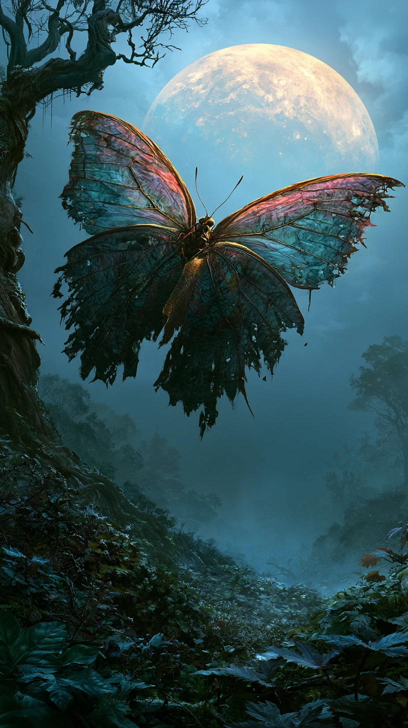 Borboleta gigante e colorida sobre uma clareira de floresta ao luar
