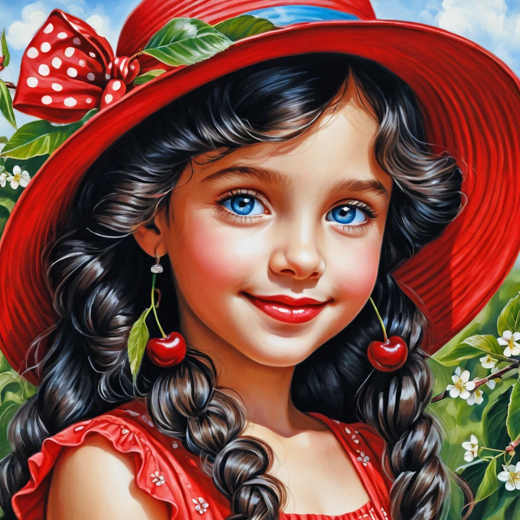 Menina sorridente com chapéu e vestido de verão vermelho cereja