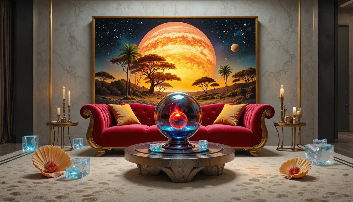 Canapé en velours futuriste devant une peinture surréaliste de forêt tourbillonnante
