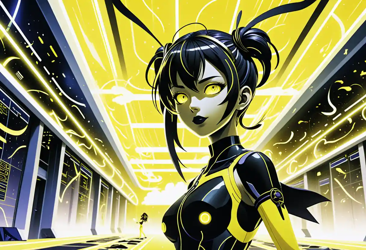 Ragazze anime in un laboratorio di ricerca sci‑fi al neon