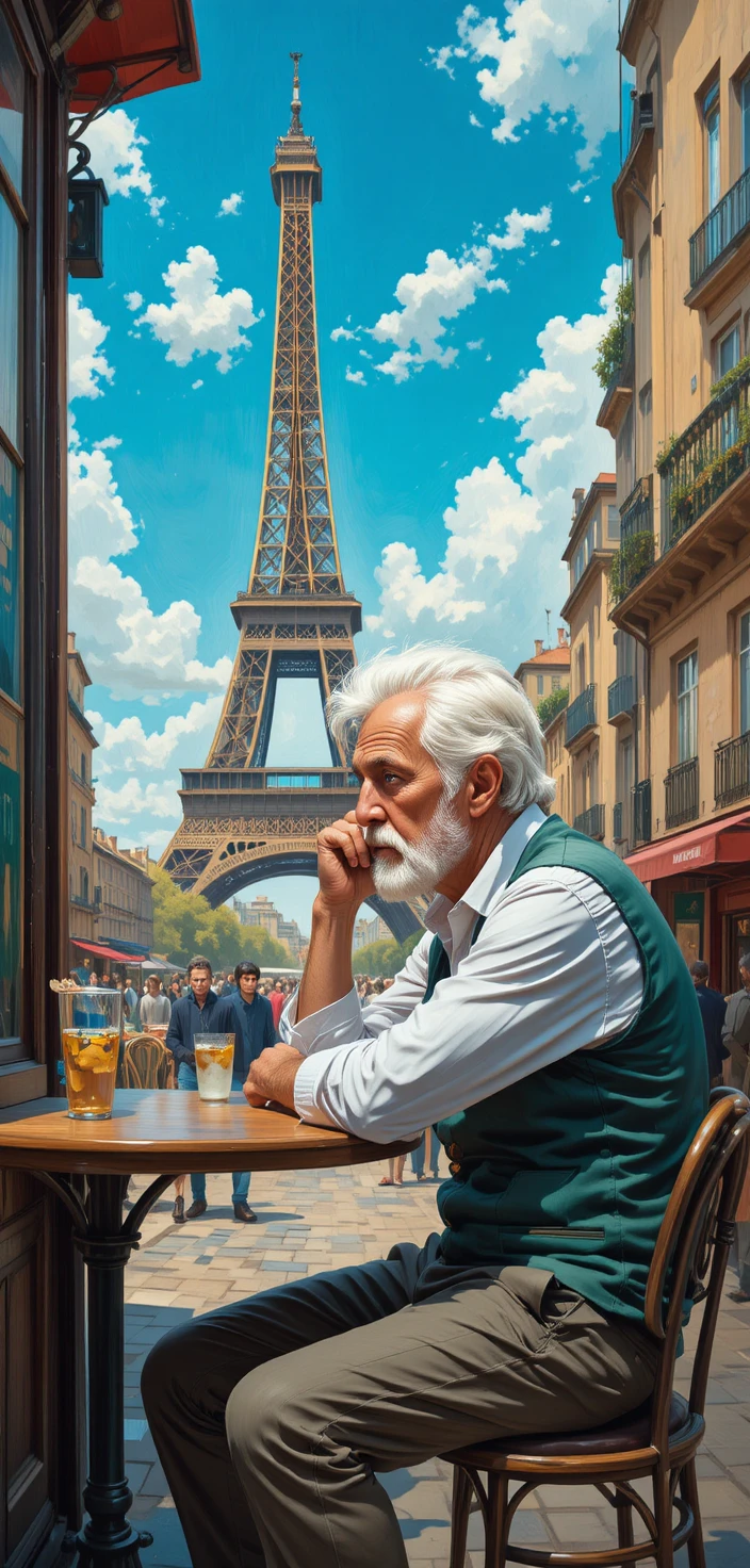 Idoso refletindo em uma pequena mesa de café parisiense