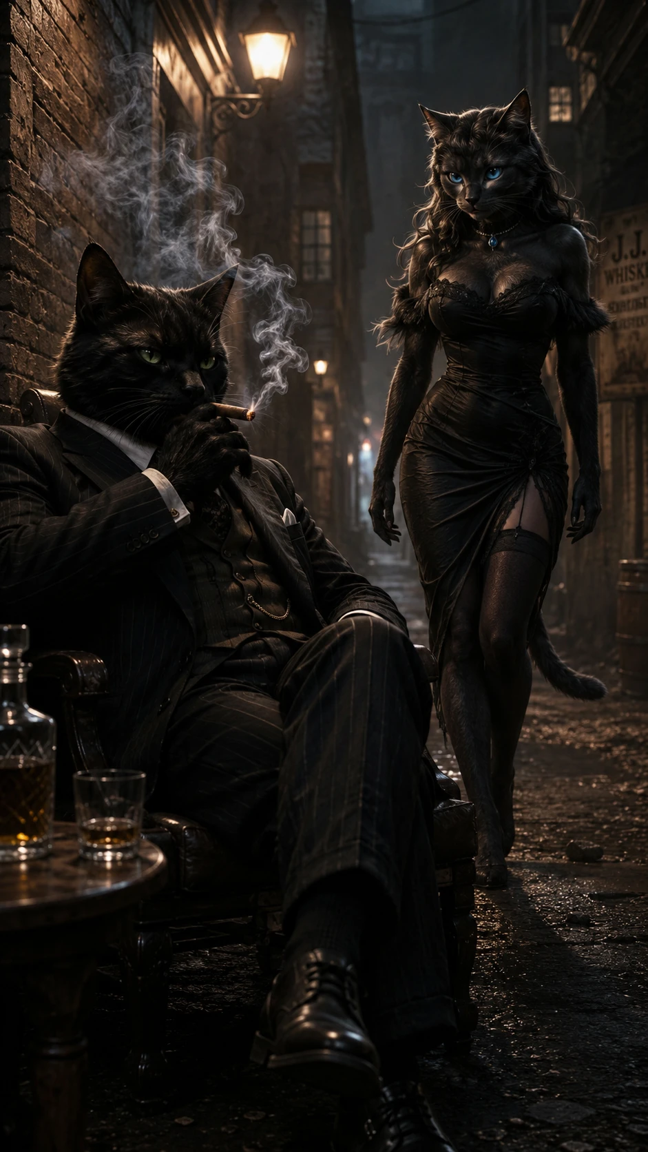 Gato gangster preto fumando em um beco urbano escuro