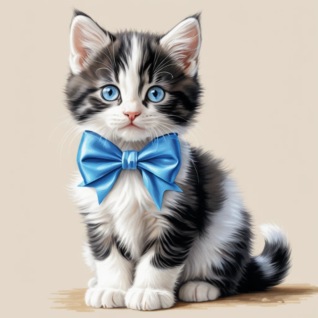 Adorable chaton noir et blanc aux yeux bleus avec un nœud