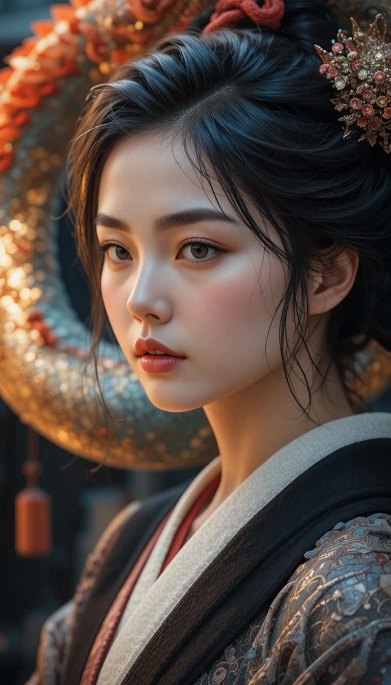 Mujer japonesa pensativa en kimono con los ojos medio cerrados