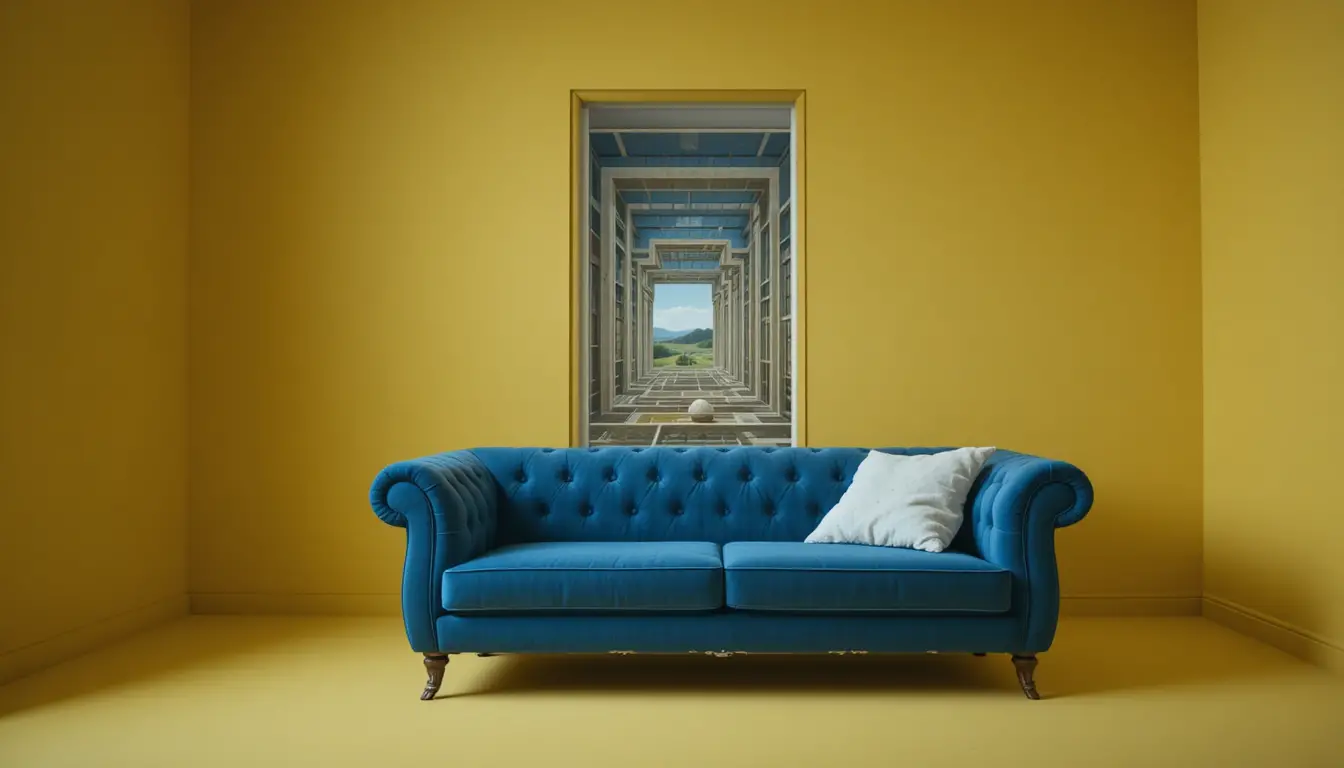Canapé en velours bleu dans une pièce jaune avec portail paysager