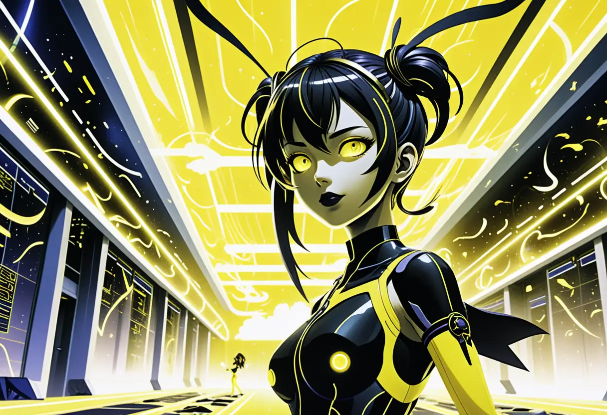 Anime girls in a neon sci fi research facility