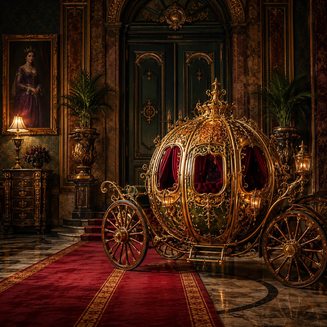 Ornate Pumpkin Carriage In A Grand Interior Hallway