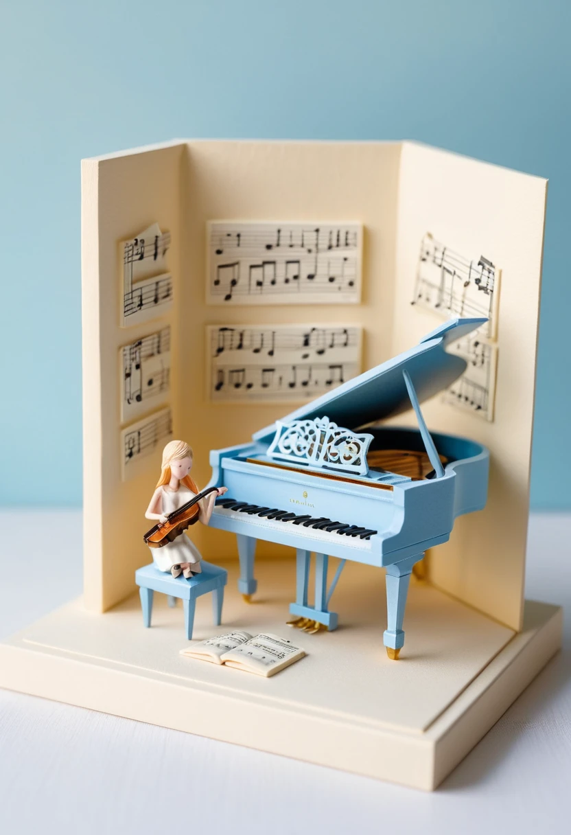 Cena de aula de música em miniatura com pequeno piano e alunos
