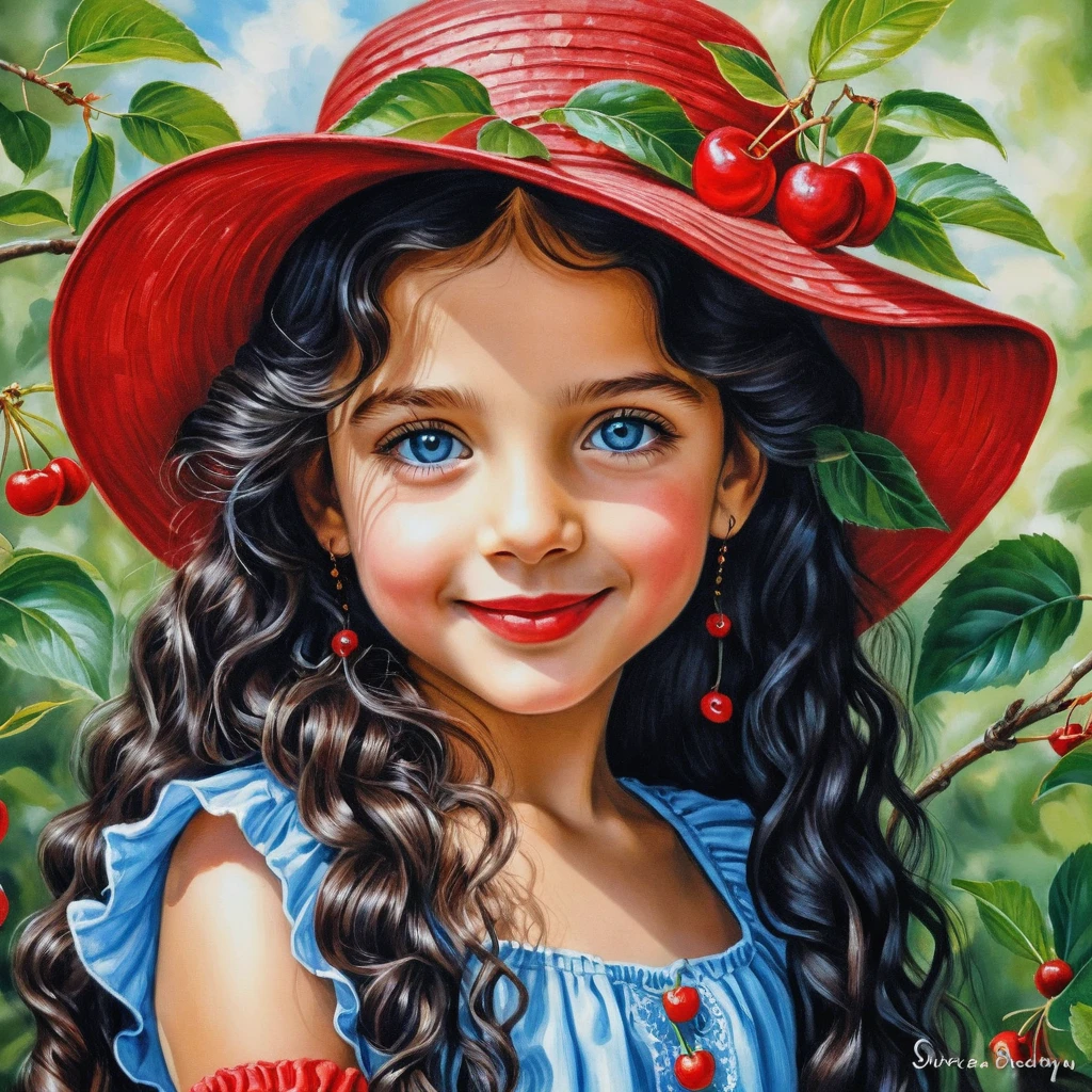 Illustration d’une Fille Souriant avec Chapeau et Robe d’Été Rouges