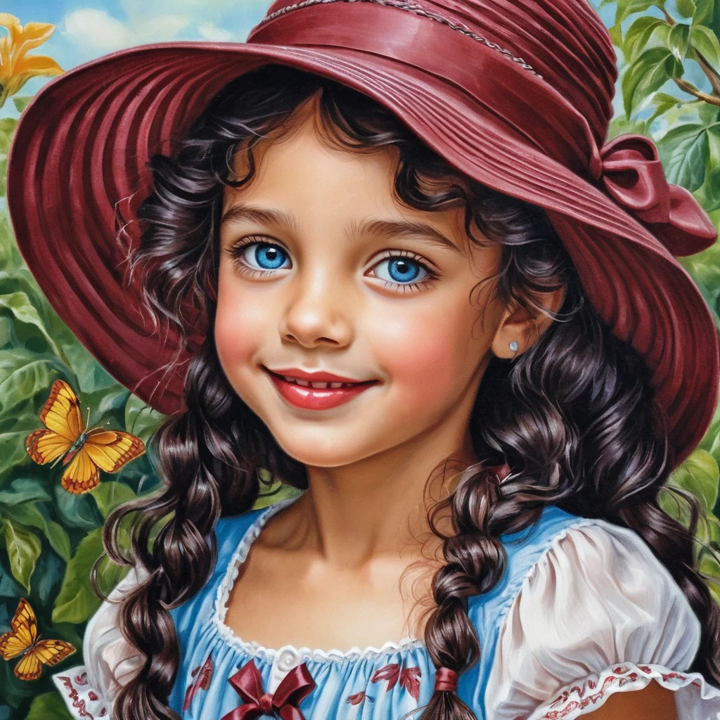 Lächelndes blauäugiges Mädchen mit bordeauxrotem Sommerhut – Illustration