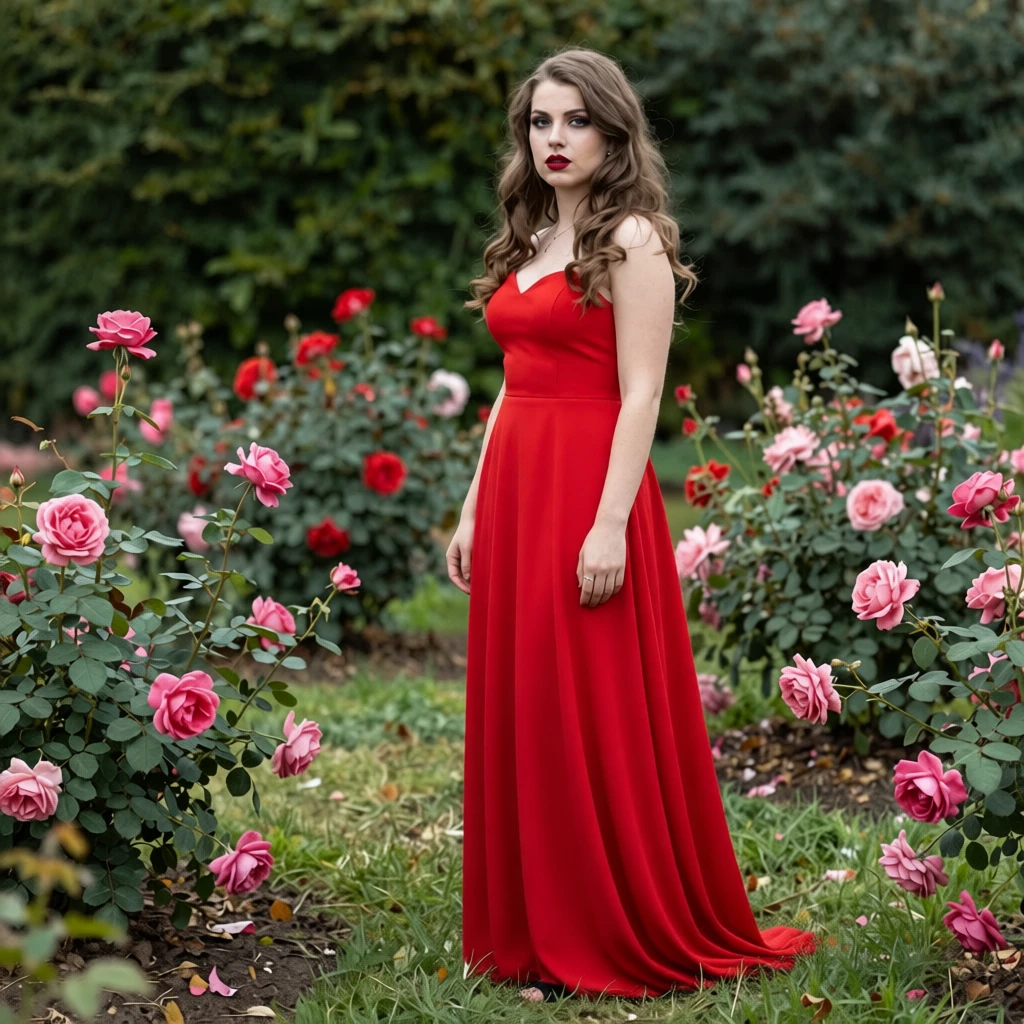 Garota com vestido longo vermelho e cabelo muito comprido