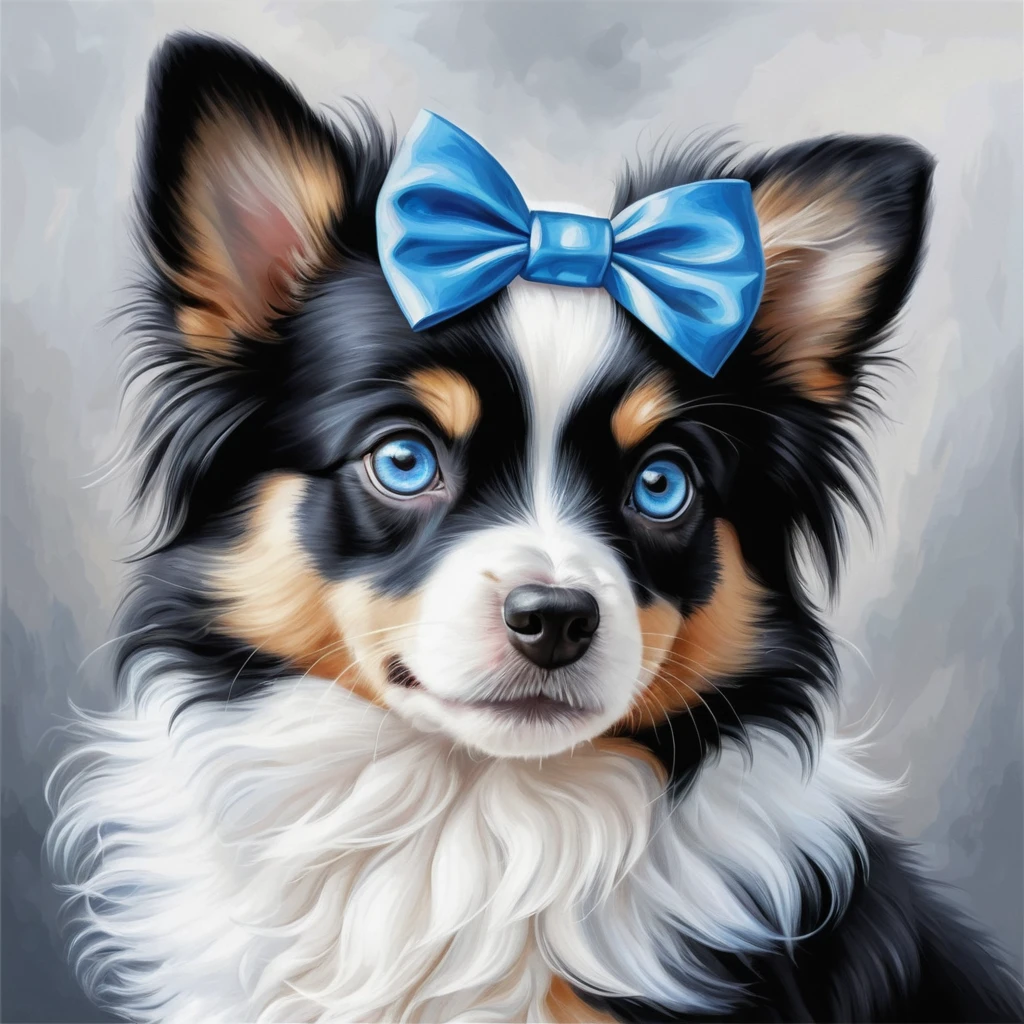 Ilustração de cachorro fofo, peludo, preto e branco com olhos azuis