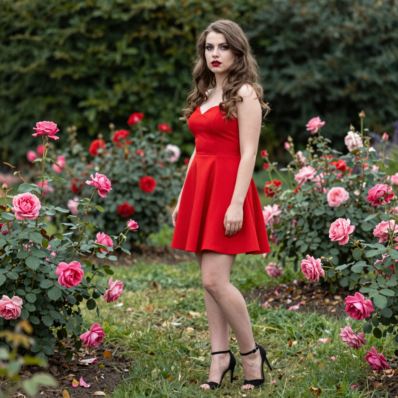 Garota de vestido vermelho em pé em um jardim de rosas
