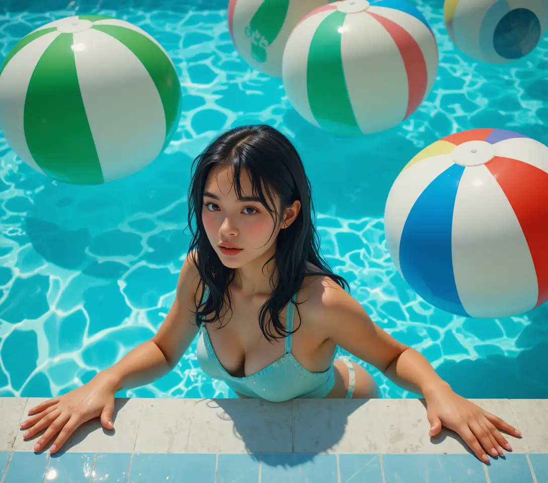 陽光泳池中放鬆的年輕女子