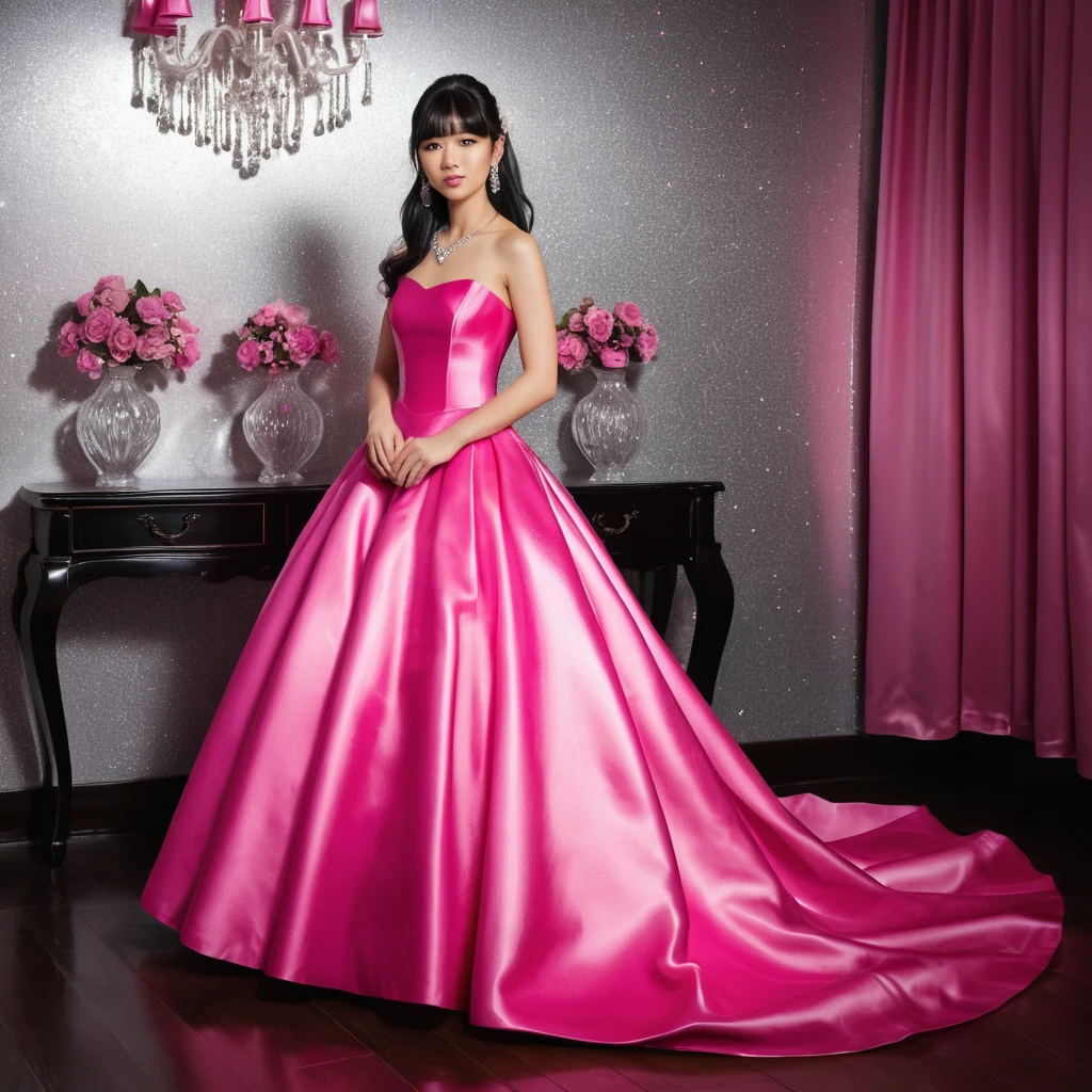 Jovem japonesa elegante em vestido de baile de cetim rosa-choque