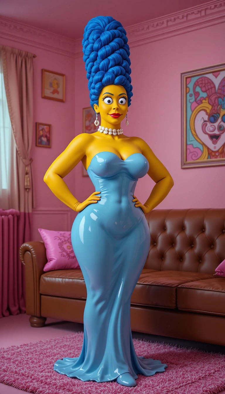 Mulher curvilínea em desenho animado com lingerie de látex azul em pé no quarto