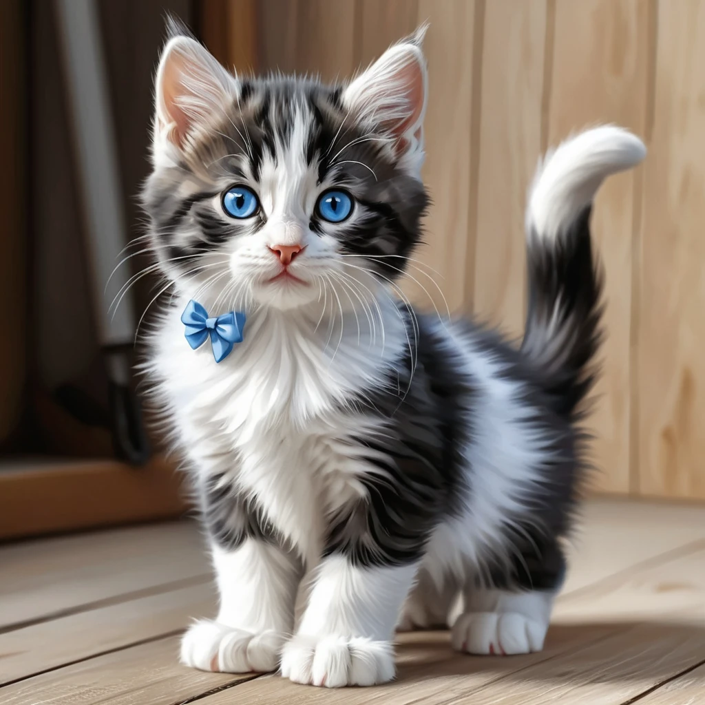 Adorable chaton tigré avec nœud dans un style crayon de couleur