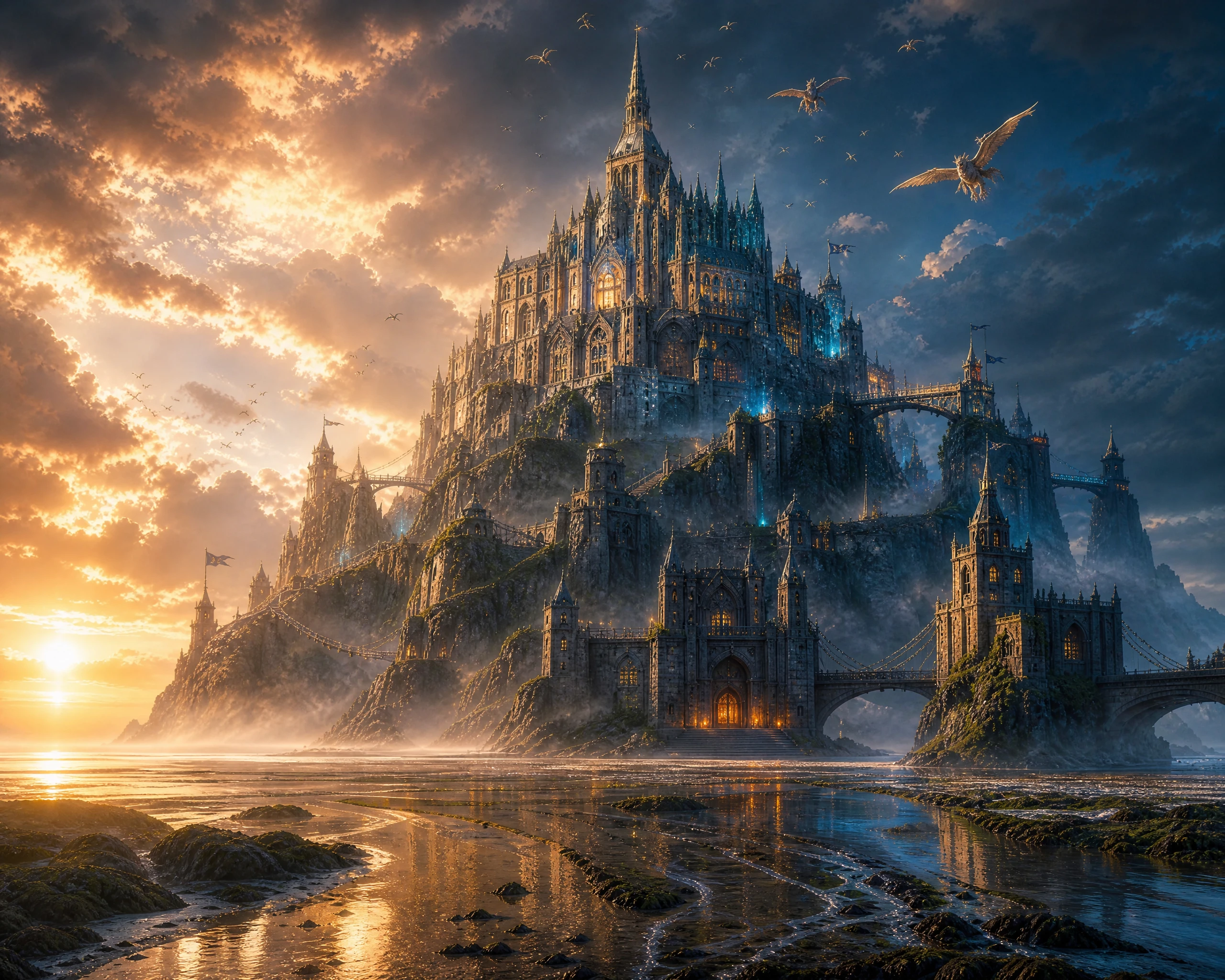 Cidadela insular de fantasia épica inspirada no Monte Saint-Michel