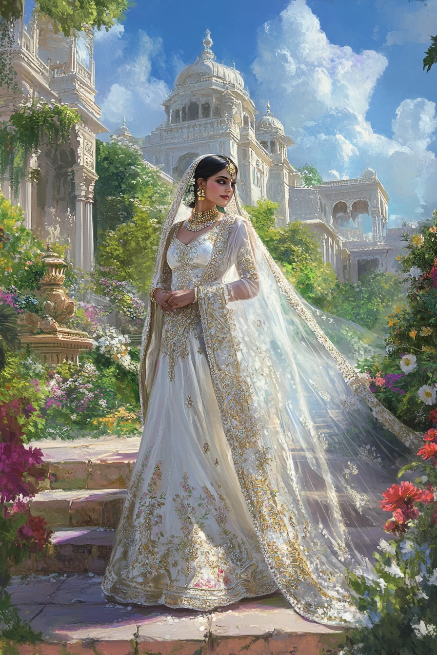 Noiva indiana de vestido branco na entrada de um grande palácio