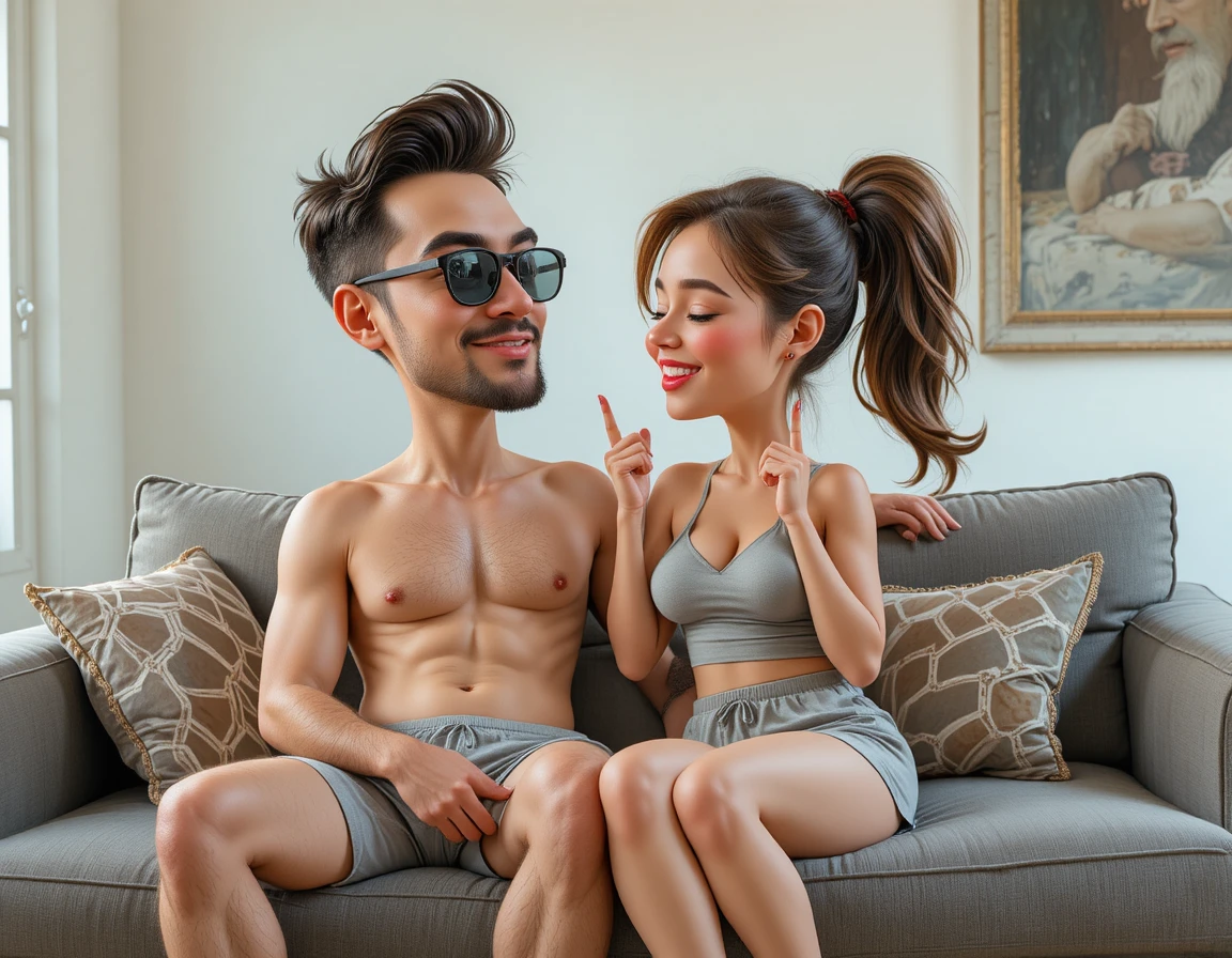 Casal jovem rindo junto em um sofá cinza na sala de estar