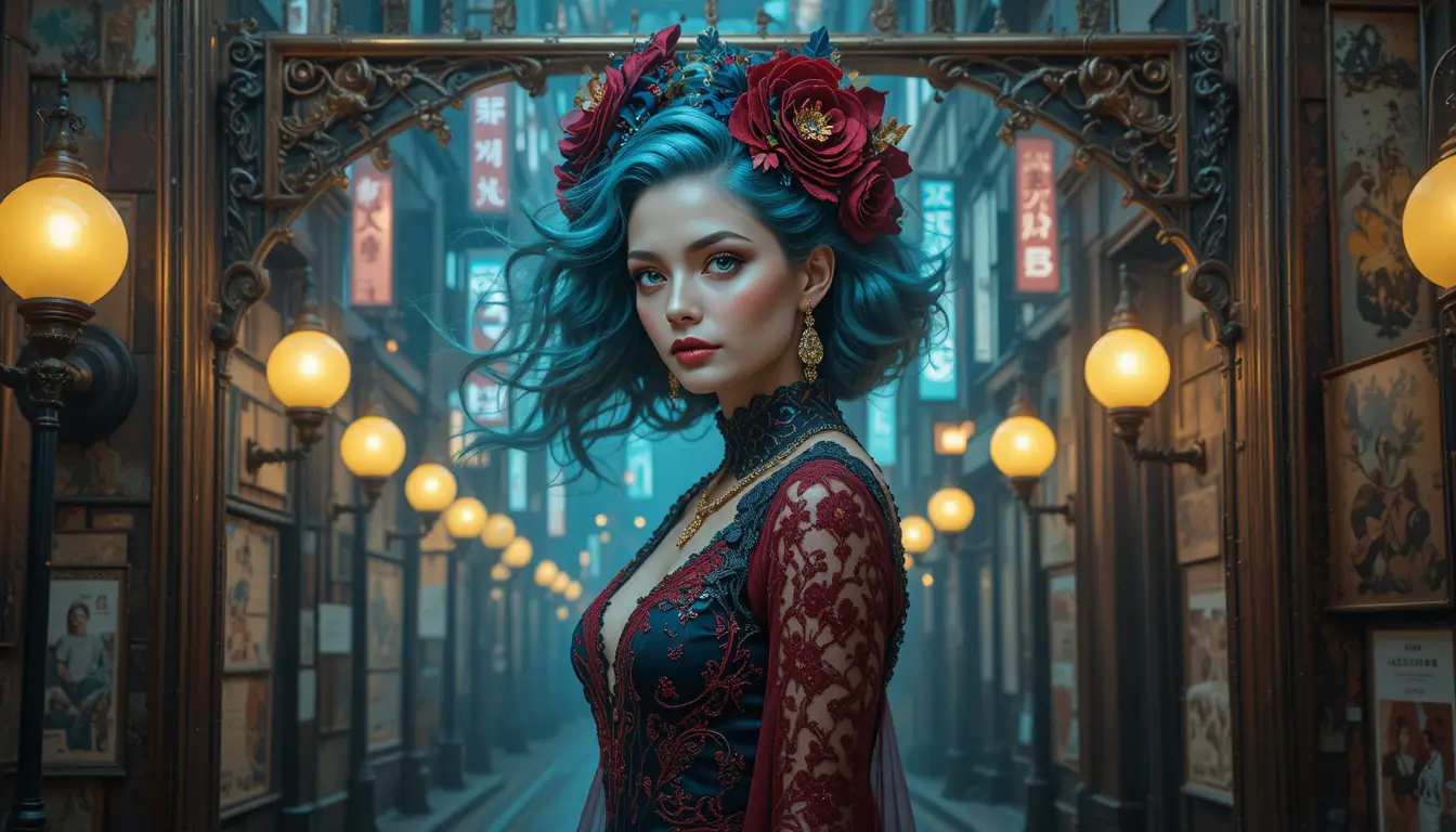 Ethereal fantasy woman with luminous globes and ornate frame