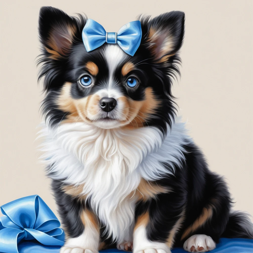 Ilustração de cachorro fofo peludo preto e branco com olhos azuis
