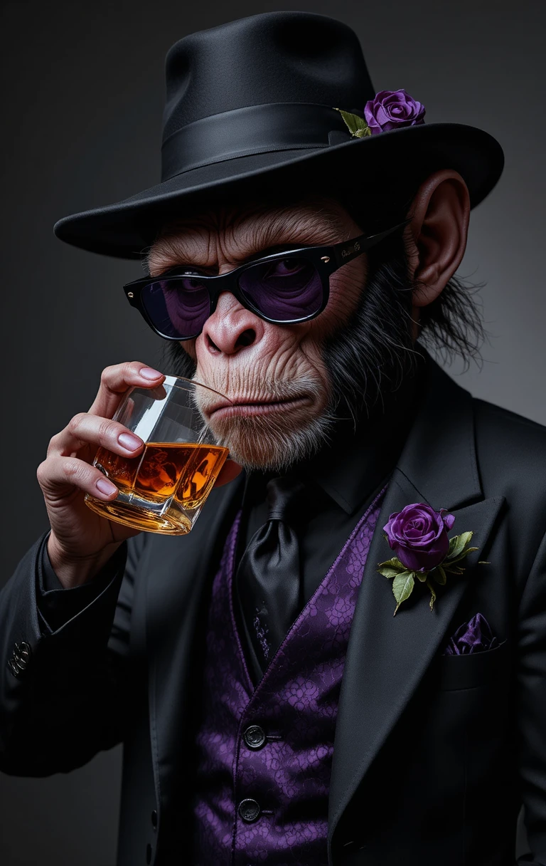 Ernster Mafia-Affe im scharfen schwarzen Anzug mit Whiskey