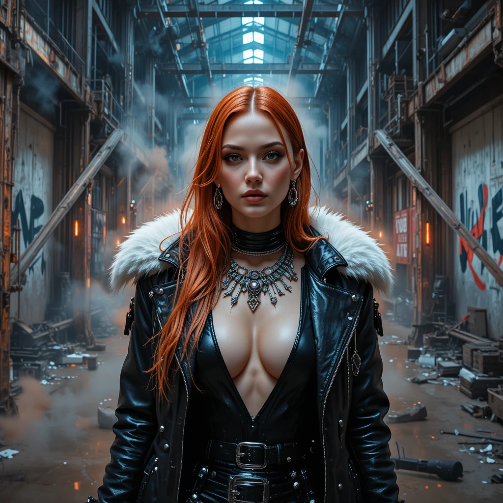 Femme cyberpunk en manteau de cuir dans une usine abandonnée