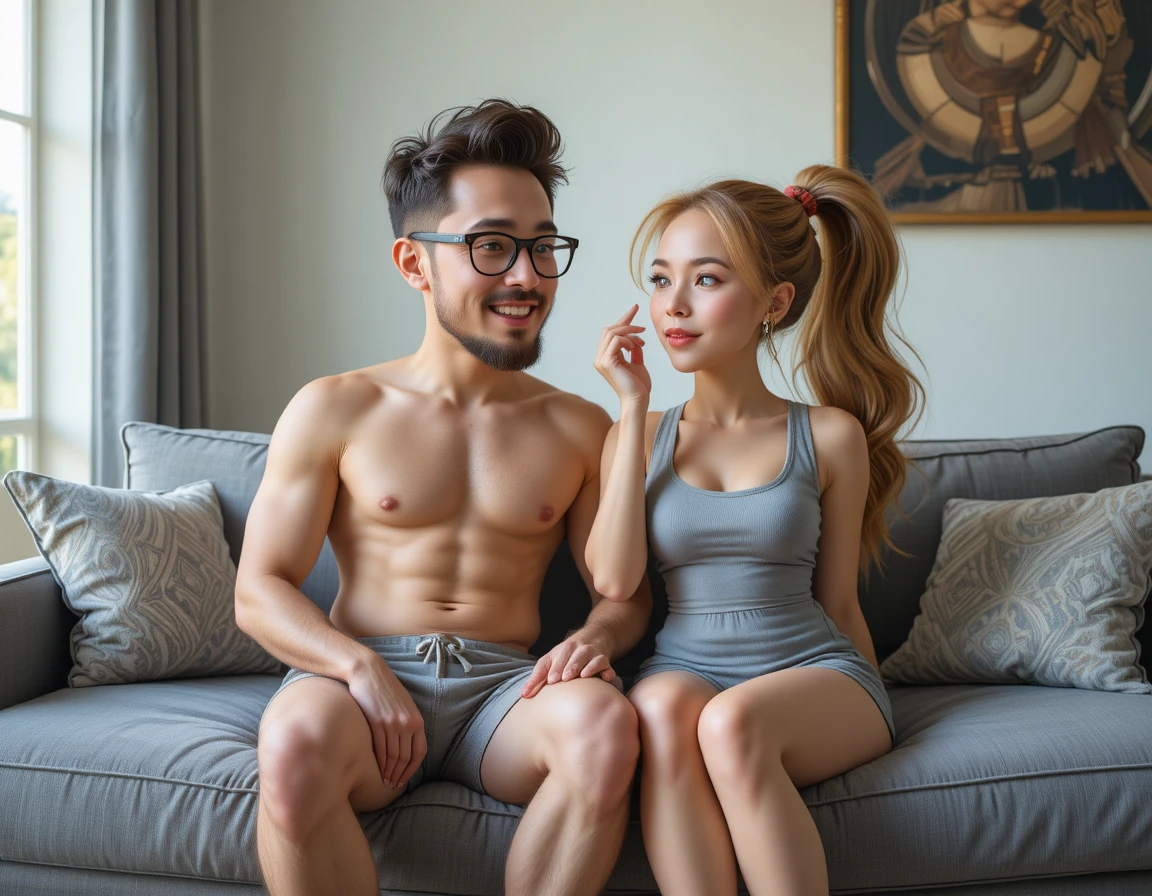 Jovem casal relaxando e brincando em um sofá cinza em casa