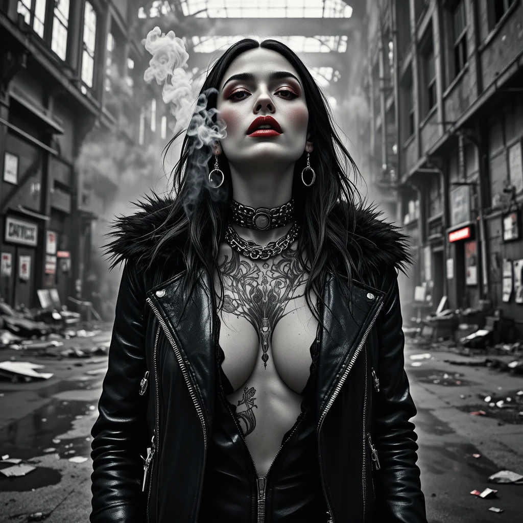 Noir fashion portrait of a woman in chains and smoke