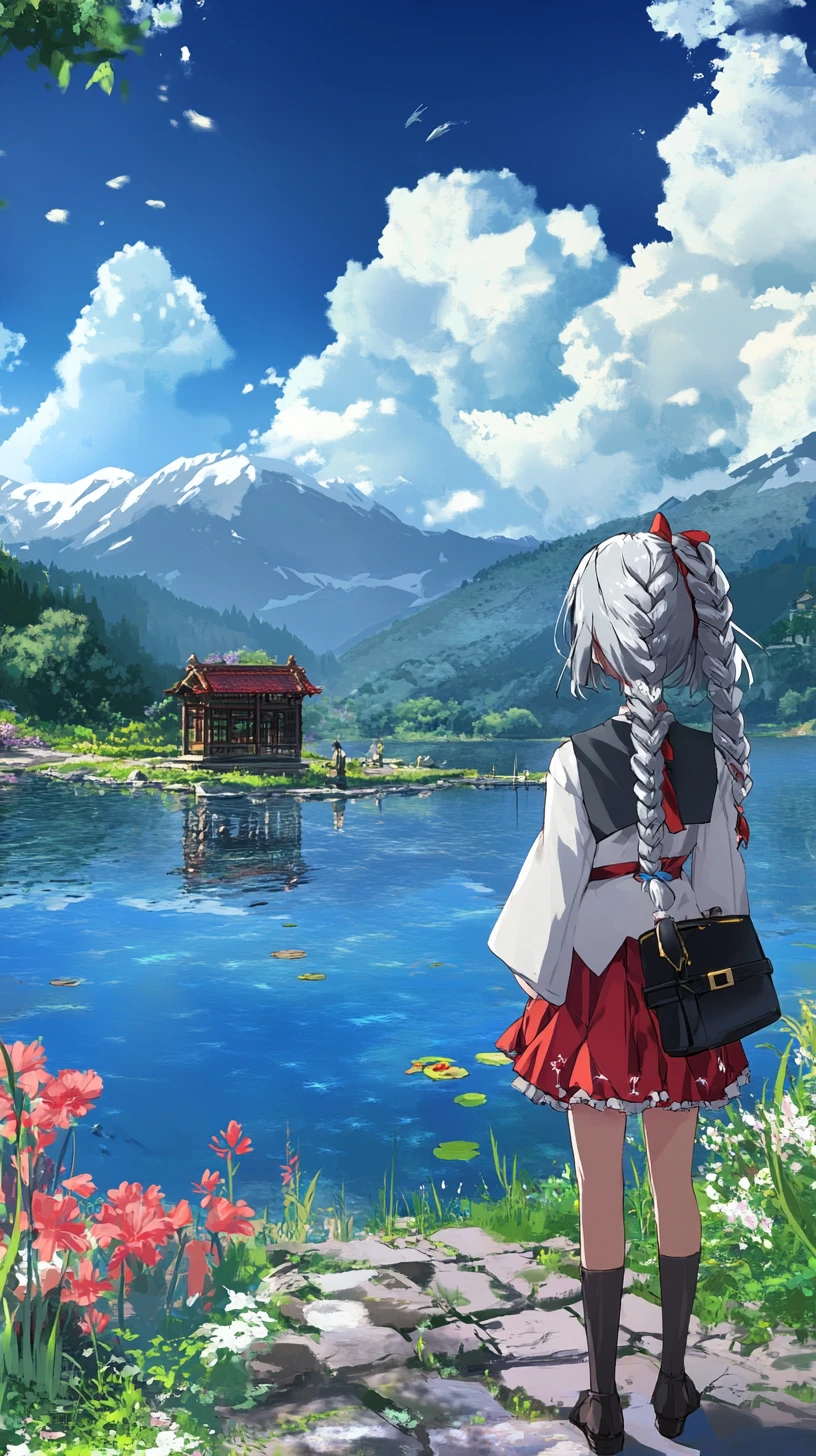 Mountain lake with stone wall and small island ruin