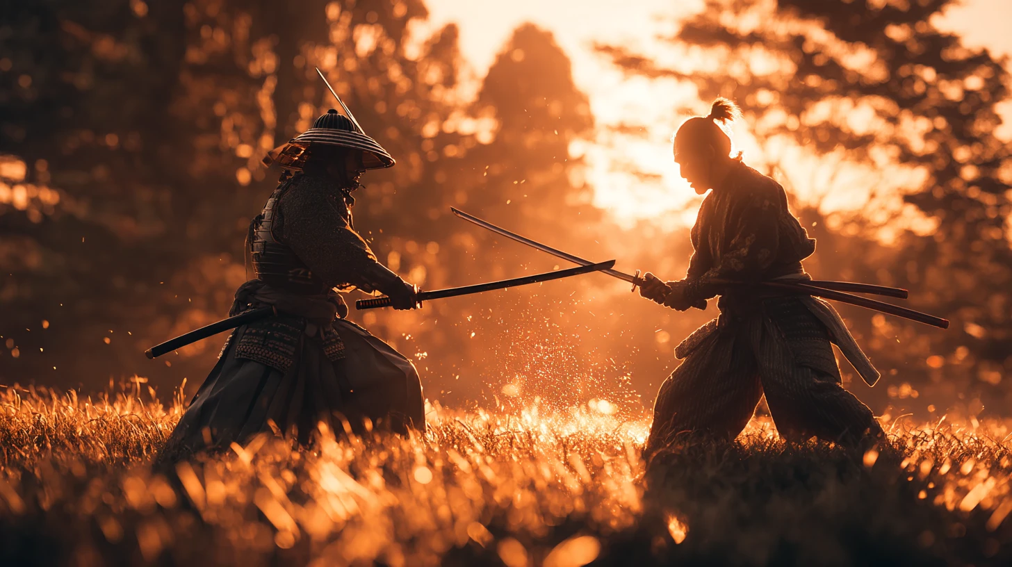 Guerreiros samurais duelam com espadas em um prado japonês banhado de sol