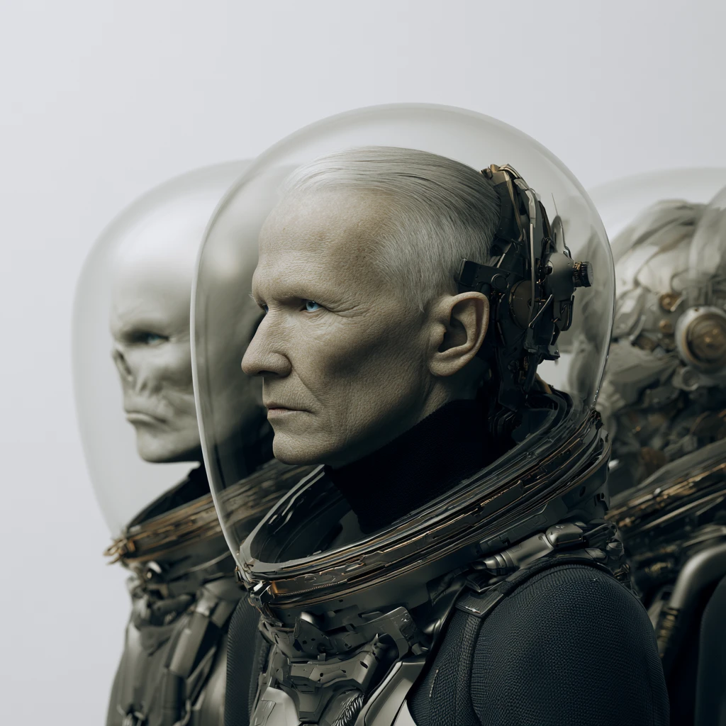 Retrato de anciano futurista con traje cibernético en una nave espacial