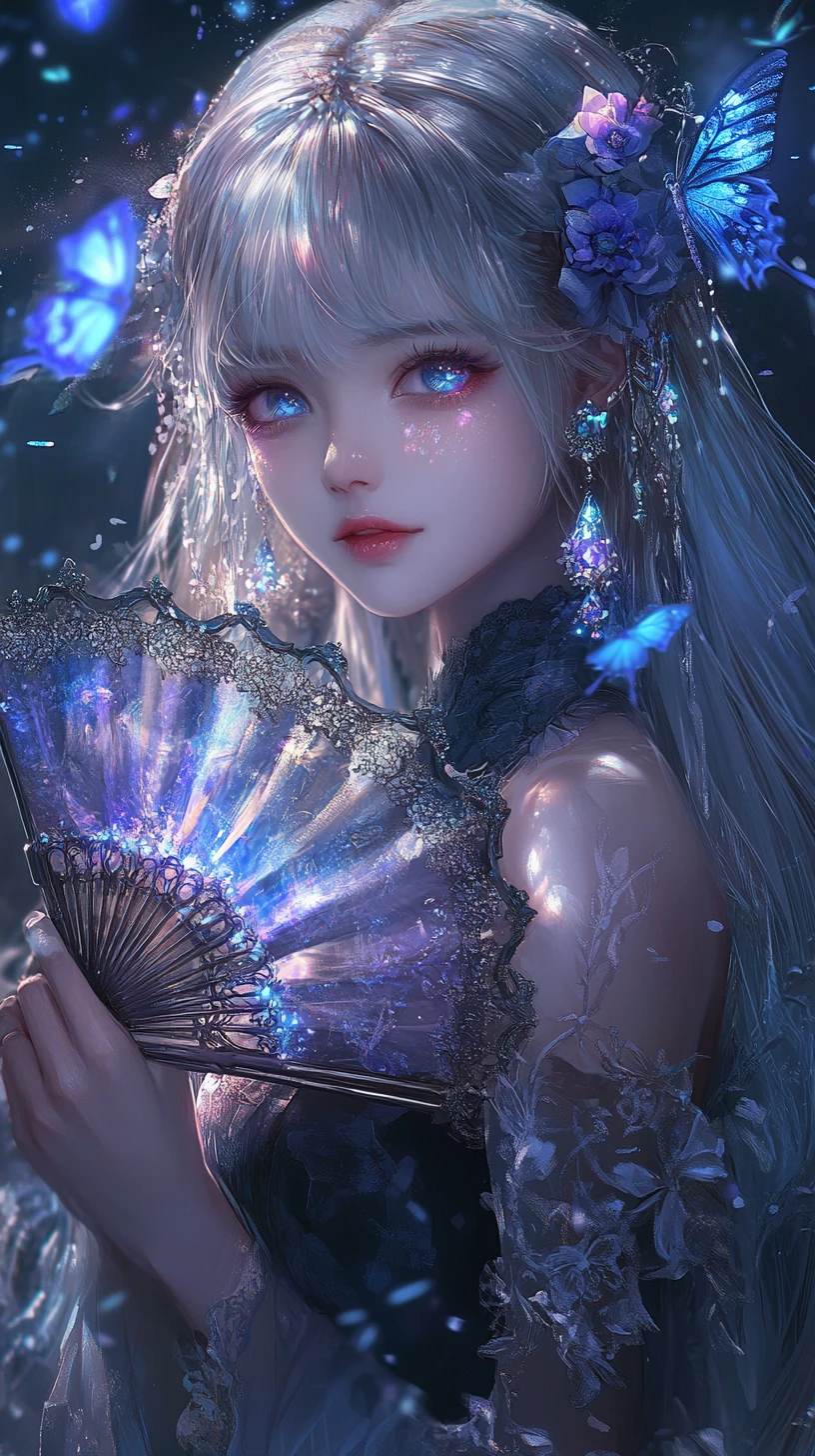 Fille d’anime éthérée avec des papillons de cristal lumineux
