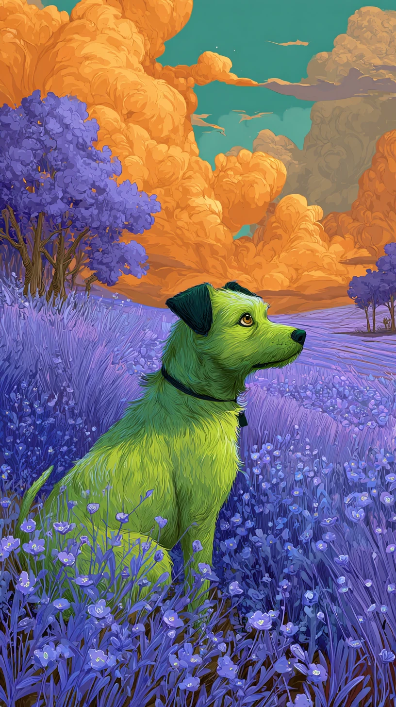 Cão verde em um campo de flores azuis sob nuvens laranjas