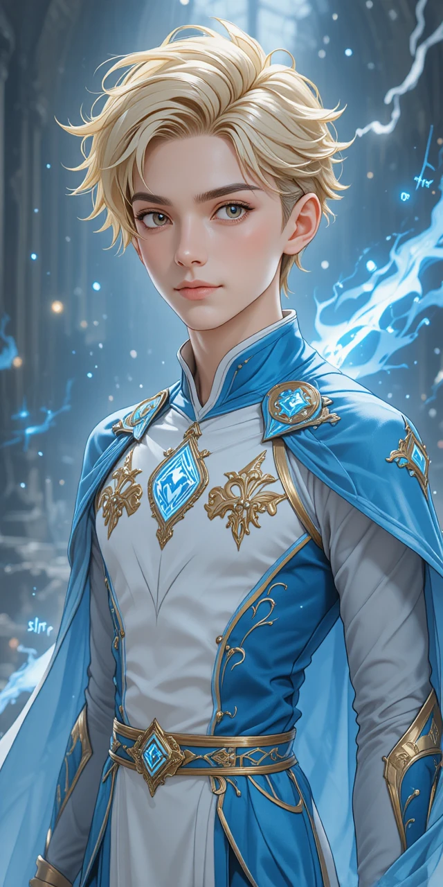 Jeune héros d’anime aux bois lumineux en tenue bleue