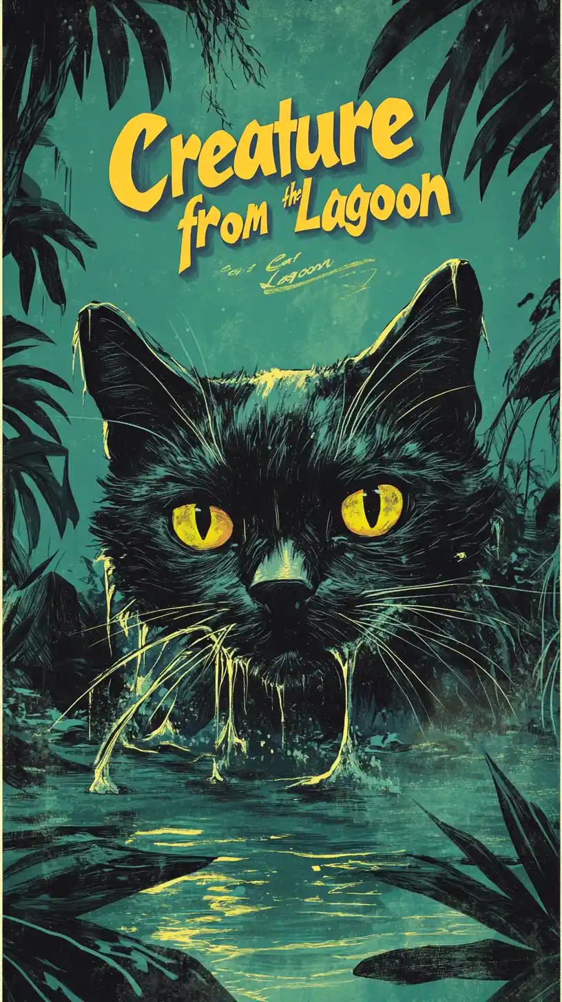 Wet black cat rising from eerie lagoon in jungle poster