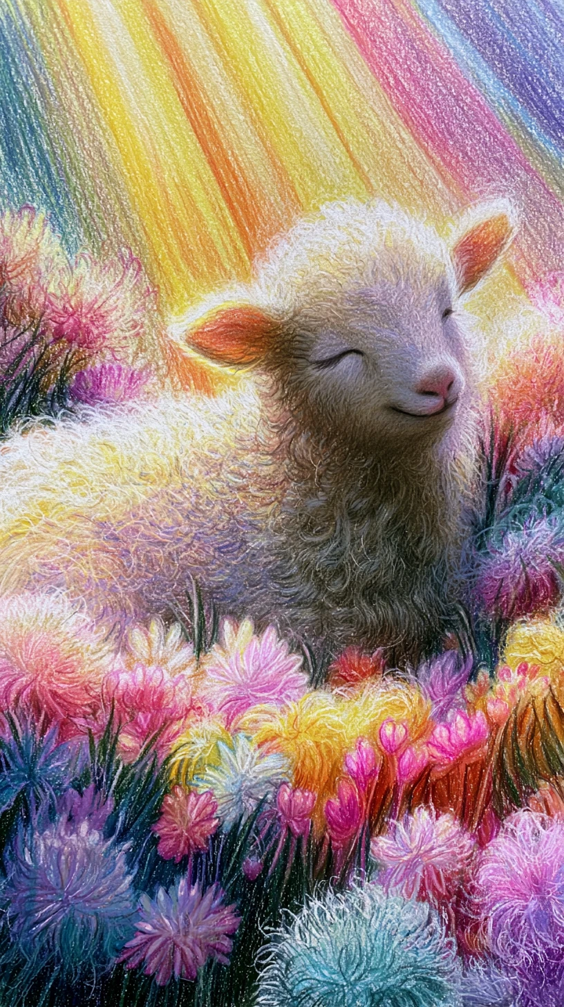 Flauschiges Schaf auf einer pastellfarbenen Wiese im verträumten Sonnenlicht