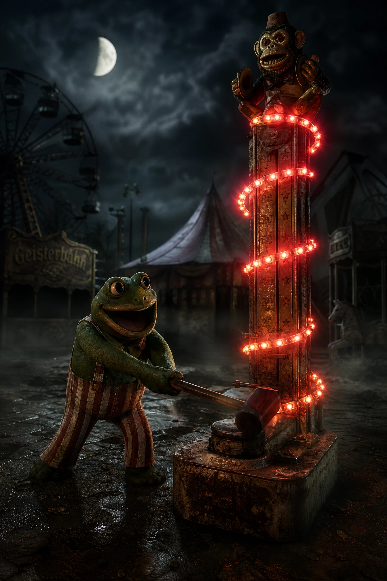 Grenouille anthropomorphe jouant au jeu de force dans une fête foraine nocturne