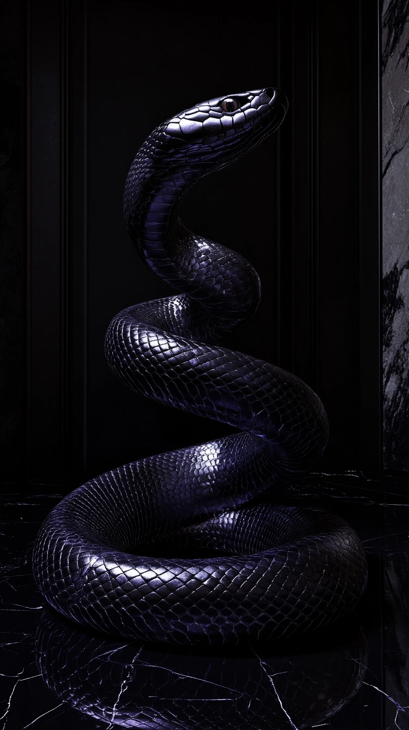 Serpiente negra enrollada sobre suelo reflectante en interior gótico