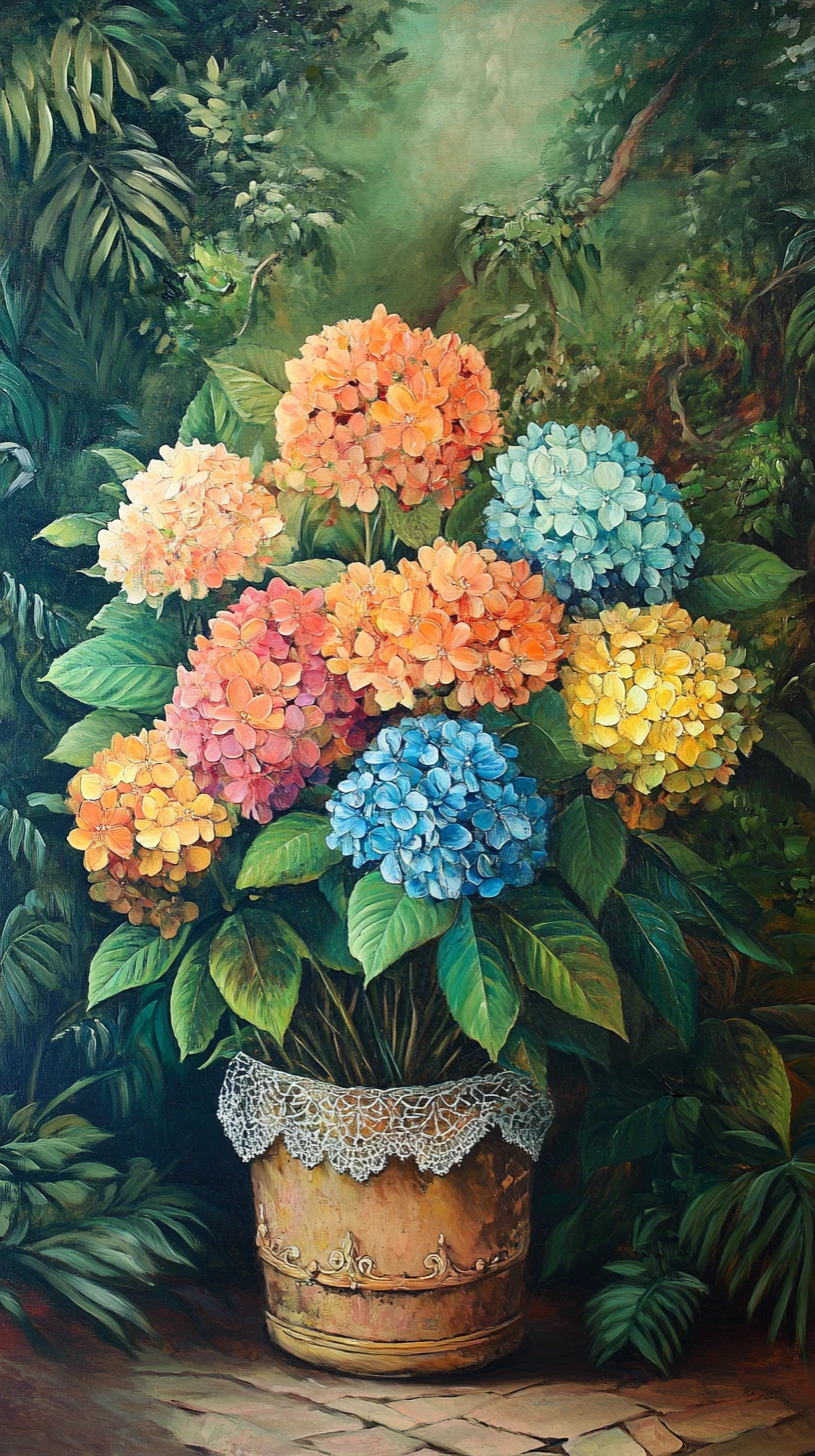 Ölgemälde eines Hortensien-Blumenstraußes vor Dschungel-Hintergrund