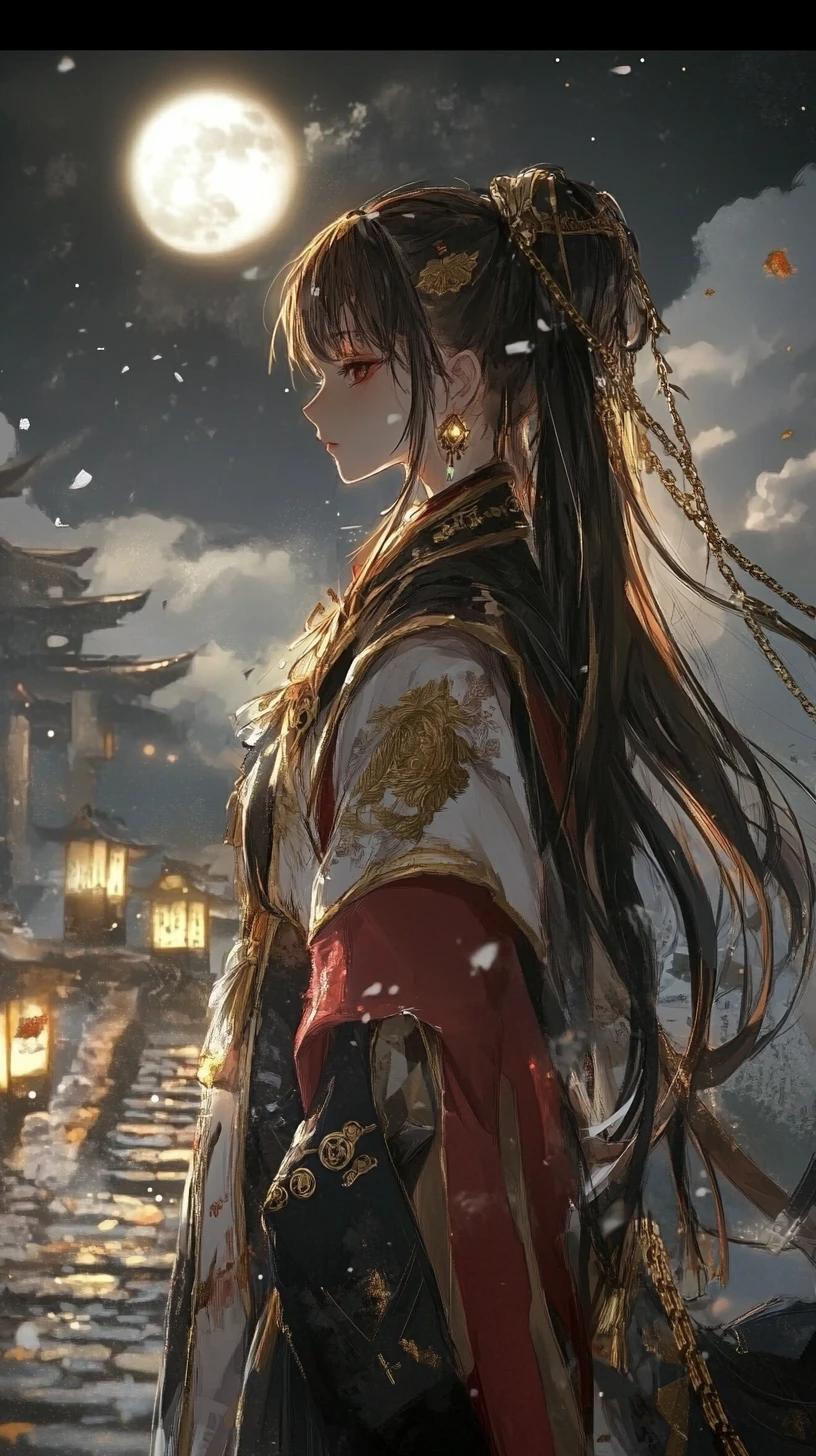 Anime-Mädchen im prunkvollen Outfit auf steinerner Abendtreppe