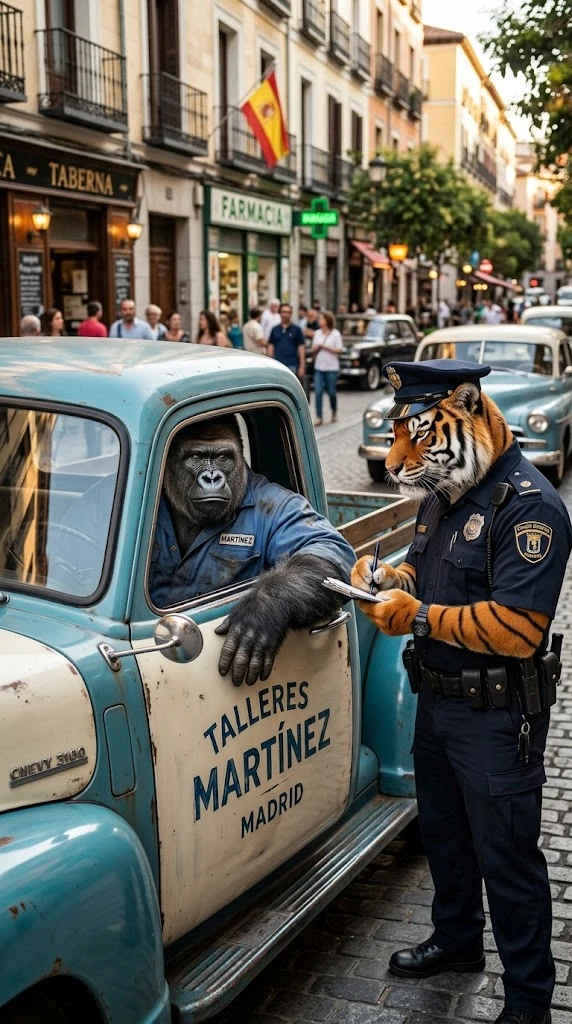 Gorilla-Mechaniker wird von Tiger-Verkehrspolizist auf der Straße gestoppt