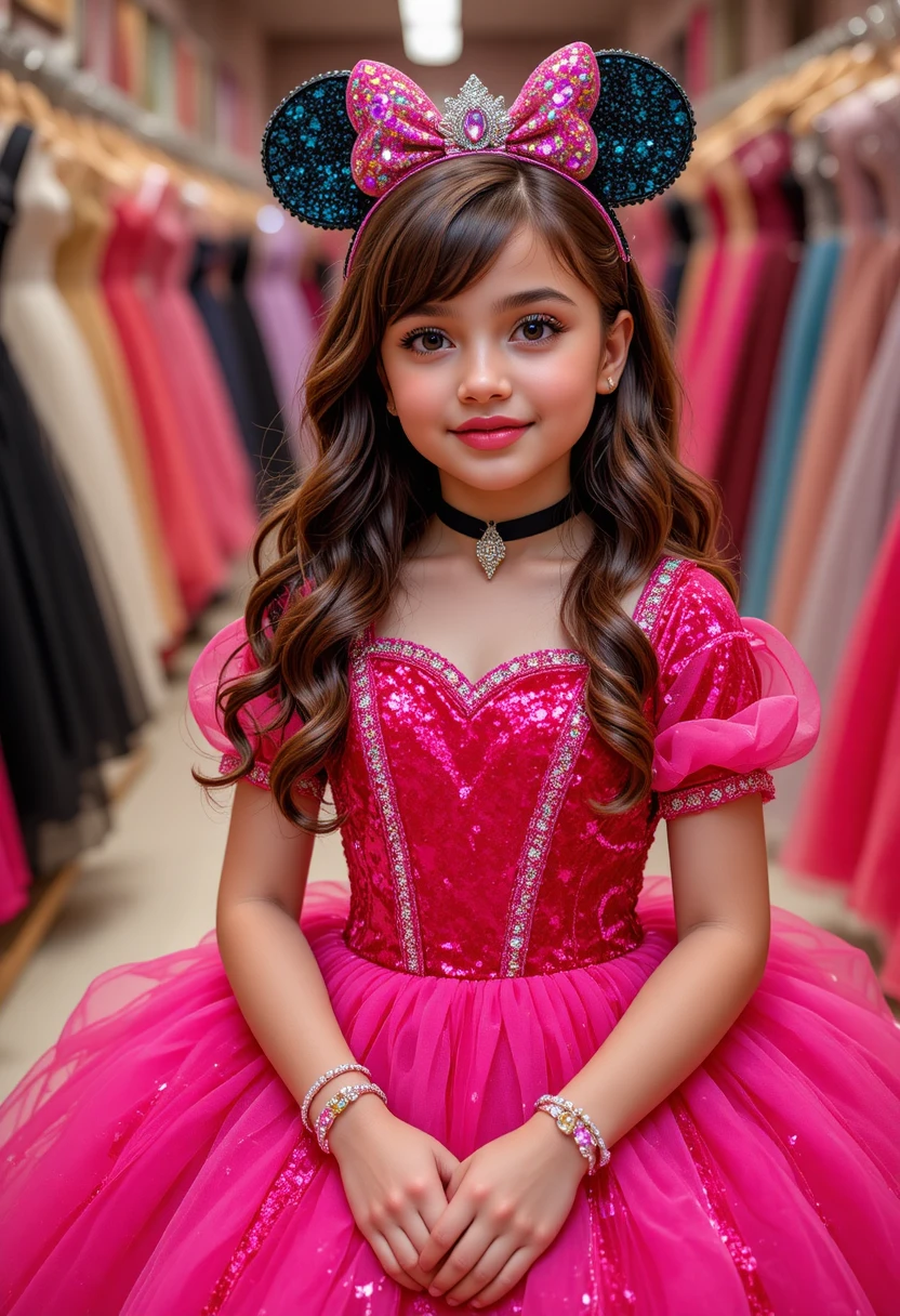 Menina jovem com vestido rosa da Minnie em uma boutique