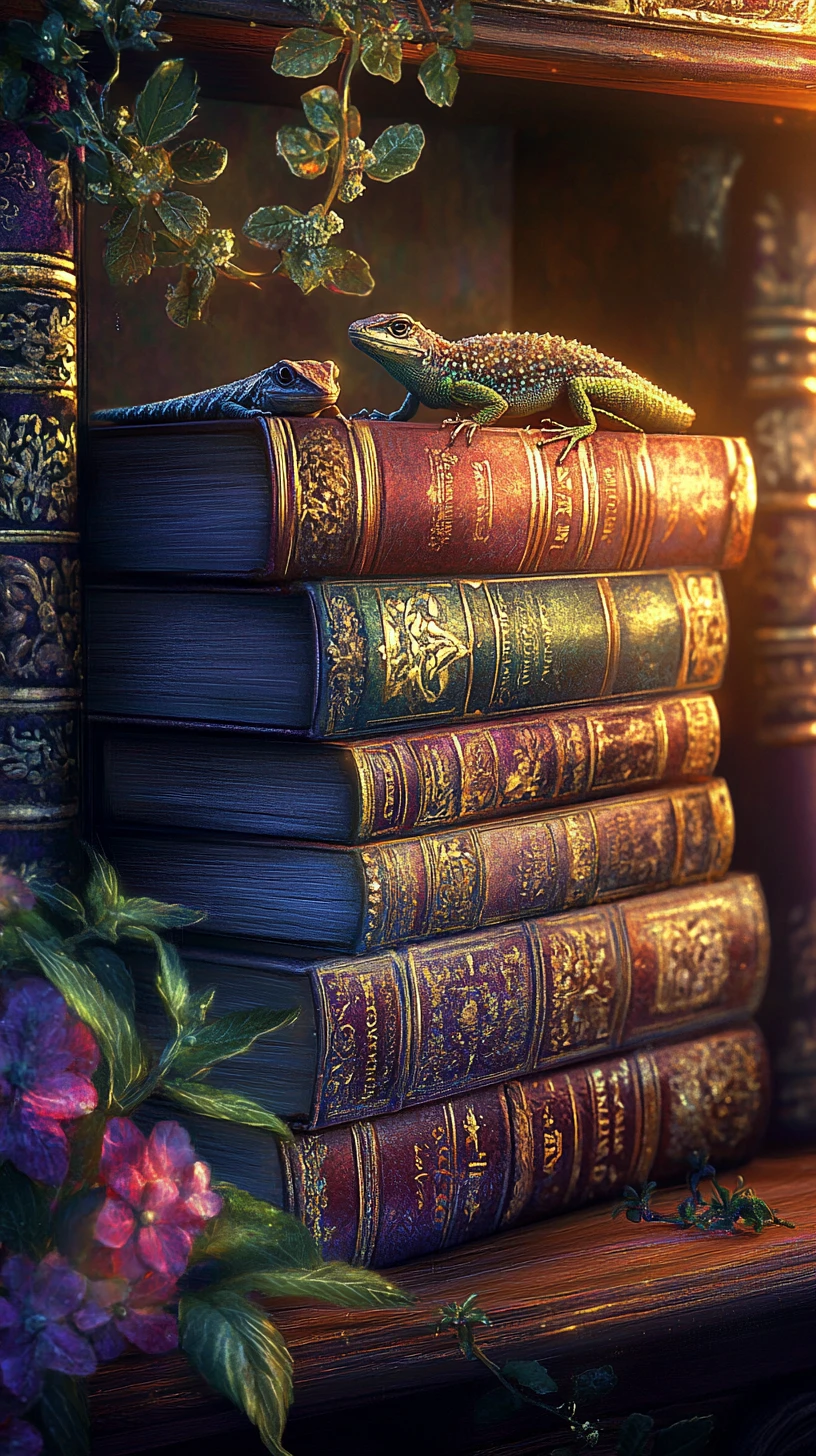 Lagarto ao sol descansando em uma estante mágica em uma biblioteca aconchegante
