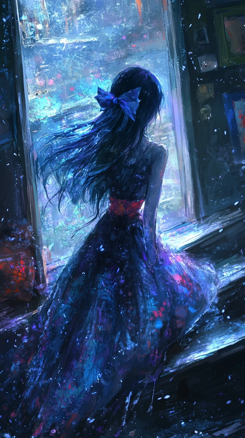 穿著燒焦雪花洋裝、擁有幽靈般冰冷眼眸的動漫少女