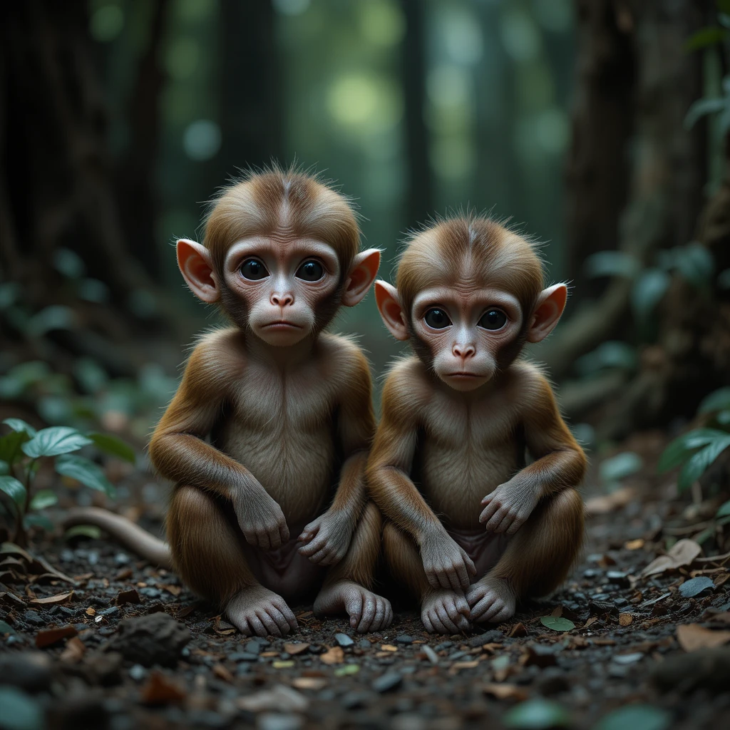 Dois filhotes de macaco assustados sozinhos em uma floresta densa