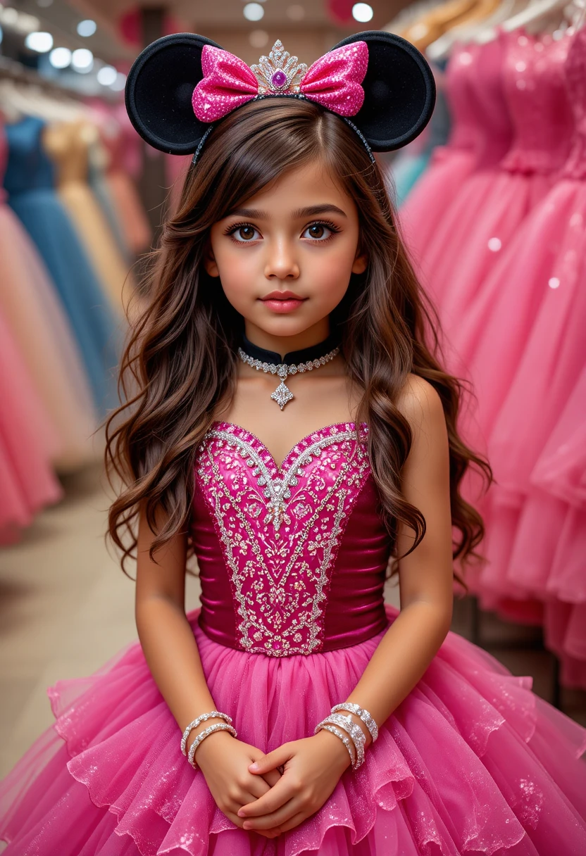 Menina jovem com vestido rosa da Minnie em boutique