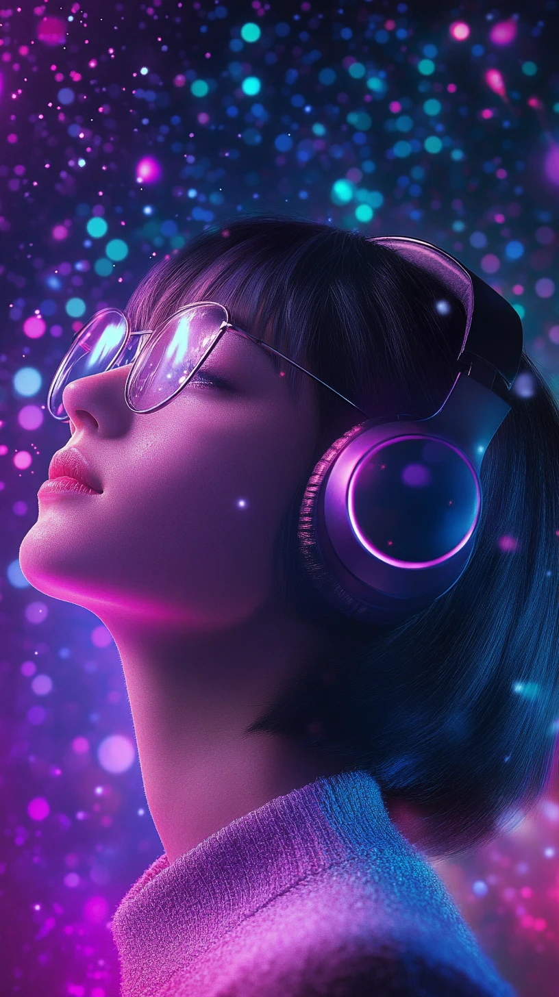 Garota de fones neon olhando para cima na luz digital