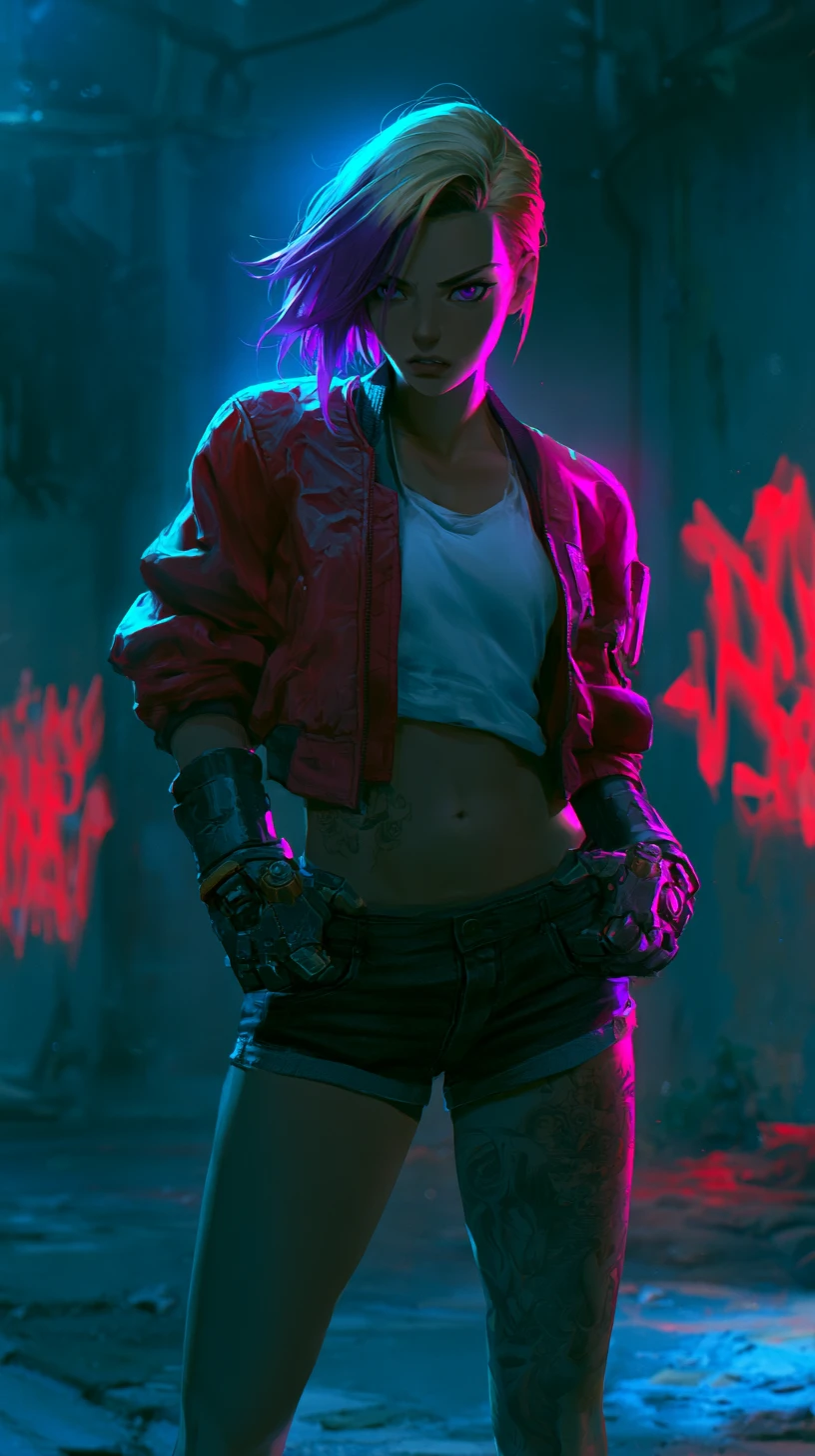 Mulher rebelde em rua de cidade cyberpunk iluminada por neon